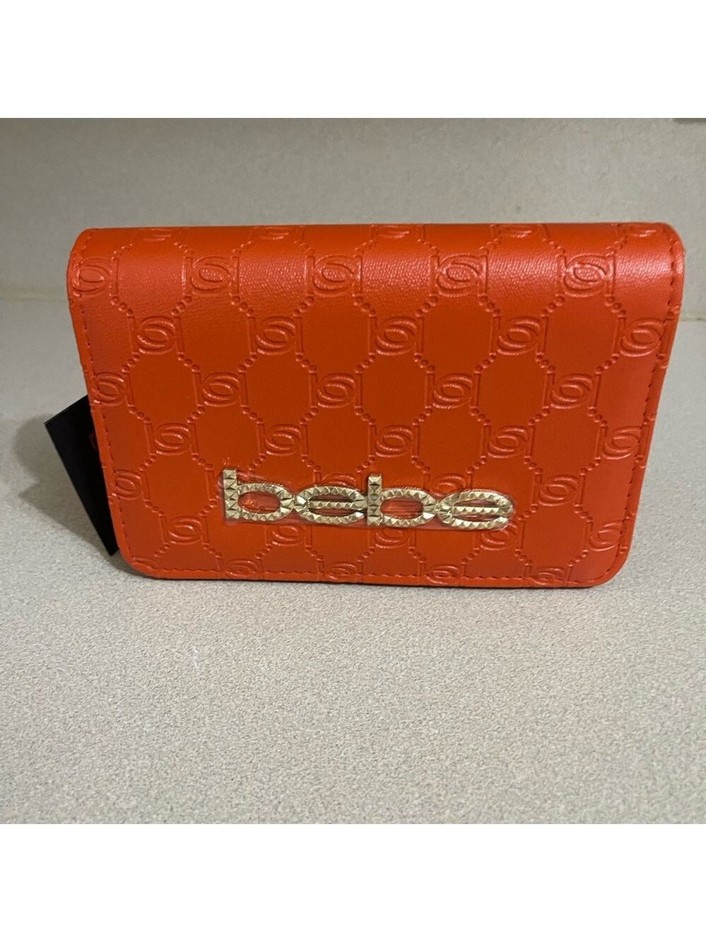 Bebe Orange Embossed Crossbody Wallet Gold Logo